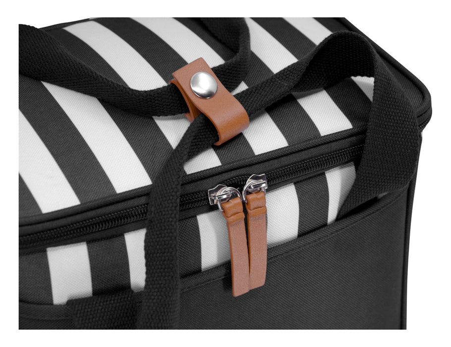 Ascot Picnic Cooler, Black - A black picnic cooler bag featuring a striped pattern, zippered closure, and leather accents. Includes branding.