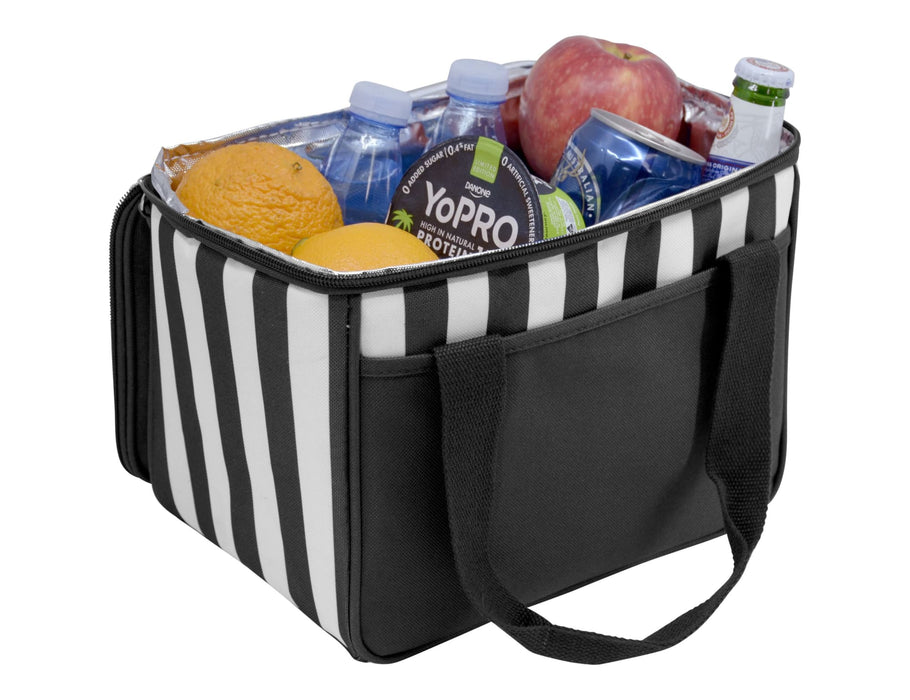 Ascot Picnic Cooler, Black - A black and white striped cooler bag filled with water bottles, an apple, oranges, and cans. It features sturdy handles.