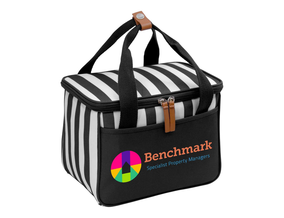 Ascot Picnic Cooler, Black - A black and white striped cooler bag with a branded logo and a leather accent on the handle.