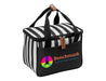 Ascot Picnic Cooler, Black - A black and white striped cooler bag with a branded logo and a leather accent on the handle.