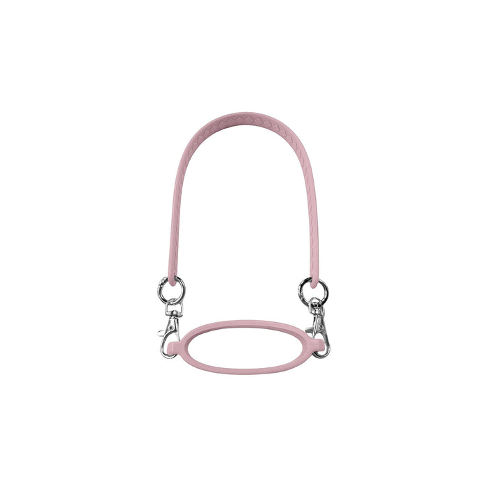 Silicone Cup Carry Strap - A drink bottle strap in soft pink silicone with metallic clips on each end, featuring a textured handle design.