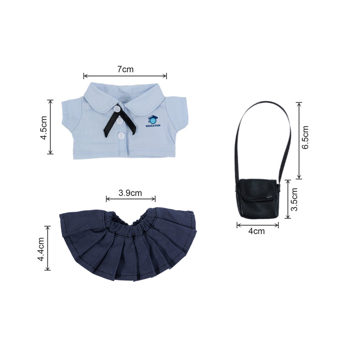Plush Doll Uniform Set (15–17cm Doll) - A plush doll uniform set featuring a light blue shirt, navy skirt, and a black bag, with various dimensions listed.
