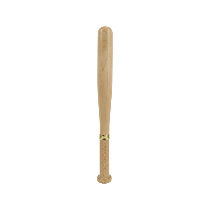 Commercial Baseball Bat Shape Pen - A baseball bat-shaped pen in a light wood colour, featuring a gold band near the writing end and a logo.