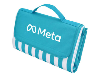 Ascot Picnic Rug, Aqua Blue -Extra Large - A picnic rug in aqua blue with white stripes, featuring a logo on the front and a carry handle.