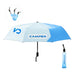 21'' Anti-rebound Folding Umbrella - A blue and light blue anti-rebound folding umbrella with a matching storage sleeve and a logo.