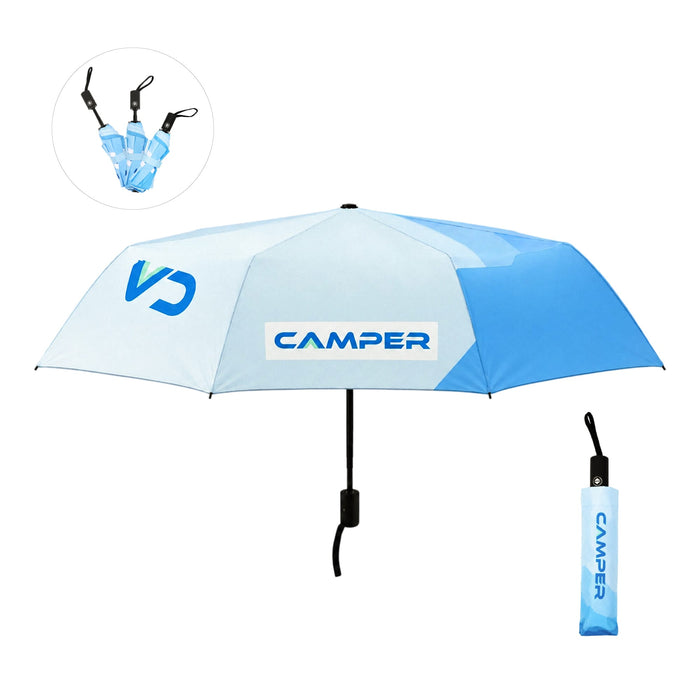 Anti-rebound Folding Umbrella - A blue and light blue anti-rebound folding umbrella with a matching storage sleeve and a logo.