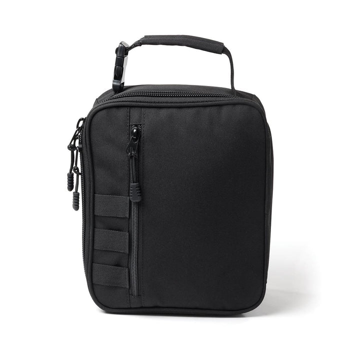 Super Duty 6 - In Pack Cooler - A black cooler bag featuring a zippered compartment and a sturdy handle, with attachment straps on the side.