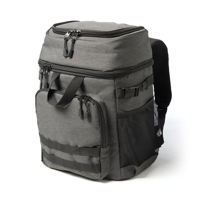Super Duty 30 - Backpack Cooler - A grey backpack cooler featuring multiple zippered compartments, a mesh side pocket, and adjustable straps.