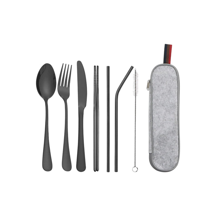 Stainless Steel Flatware Set 7pcs - A stainless steel flatware set in black, featuring a spoon, fork, knife, chopsticks, straw, cleaner, and carrying case.