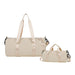 Bucket Duffle Bag With Wide Straps - A beige bucket duffle bag with wide straps, featuring two sizes and a logo on the side.