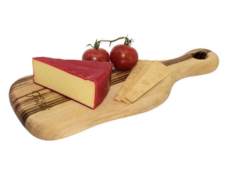 Lawson Serving Board Small - A wooden serving board in natural tones, featuring cheese, crackers, and cherry tomatoes. The board has a handle and a branding logo.
