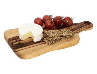 Lawson Serving Board Medium - A medium wooden serving board with brie cheese, whole cherry tomatoes, and seed crackers. It features an engraved logo.