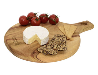 Lawson Round Serving Board - A round wooden serving board featuring a brie cheese, crackers, and cherry tomatoes. Includes a branding logo.