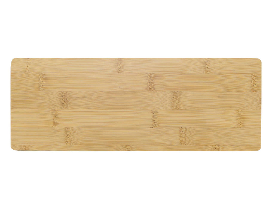 Picnic Cheese Set - A rectangular bamboo cheese board with a smooth surface and natural finish. Contains a branding logo.