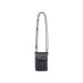 Minimalist Crossbody Phone Bag - A minimalist grey crossbody phone bag with a patterned strap and a front pocket. It features a logo.