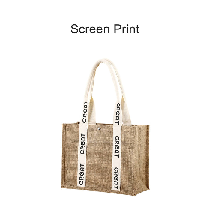 Custom Handle Jute Tote Bag - A jute tote bag in natural brown with white handle straps featuring a logo.