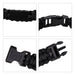 Paracord Bracelet with Metal Plate - A black paracord bracelet featuring a metal plate and plastic clasp. Includes detailed views of the clasp and woven design.