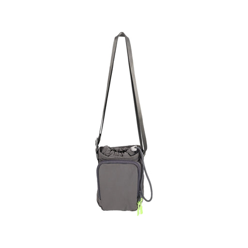 Water Bottle Holder with Strap - A drink bottle holder with a strap in grey and bright green accents, featuring a zipped pocket and a logo.