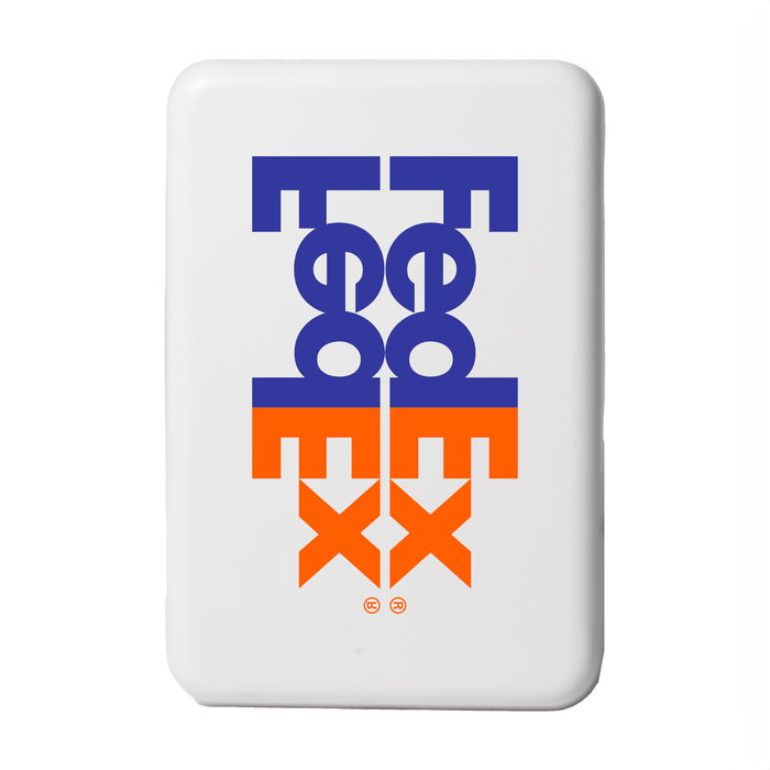 The Mason Wireless Charging Powerbank 5000mAh - A white wireless charging powerbank featuring a logo in purple and orange.