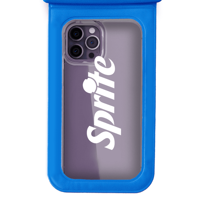 Waterproof Phone Pouch - A waterproof phone pouch in bright blue, featuring a clear front and a logo on the visible phone case.