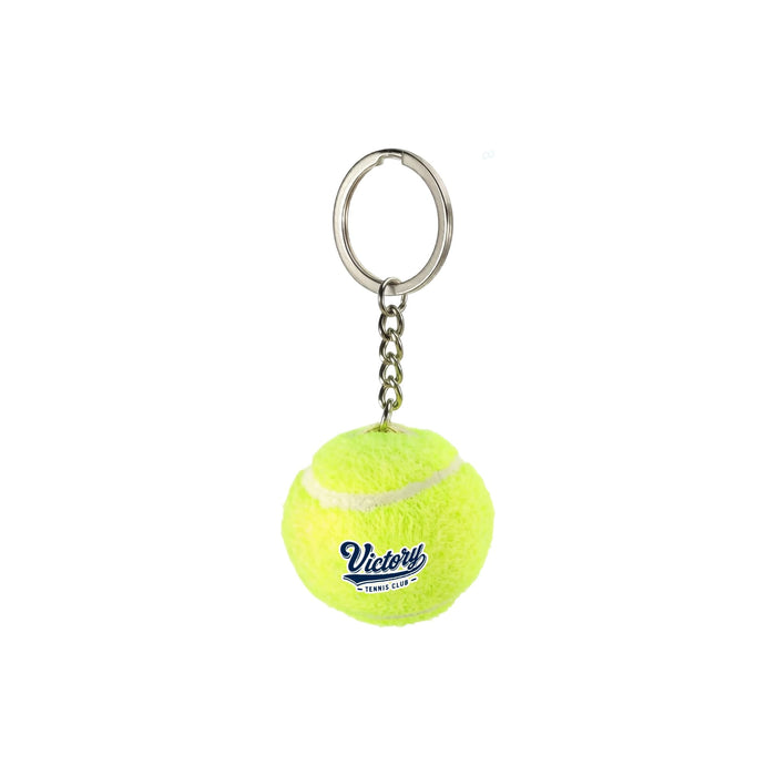 Tennis Ball Keyring - A tennis ball keyring in bright yellow with a white stripe, attached to a metal chain and keyring.