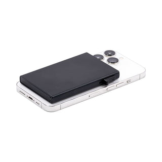 Wally Mag RFID Case - A black RFID case positioned on top of a smartphone, with a sleek design and minimalistic appearance.