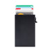 Wally Mag RFID Case - A black RFID card case holds several cards and features a sliding mechanism. It includes a logo.