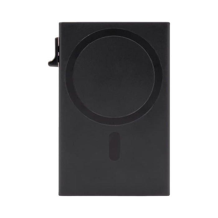 Wally Mag RFID Case - A black RFID case with a circular design and clip attachment. It features a sleek and minimalistic appearance.