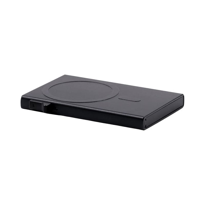 Wally Mag RFID Case - A black RFID case with a sleek design and a circular area on the surface, featuring a logo.