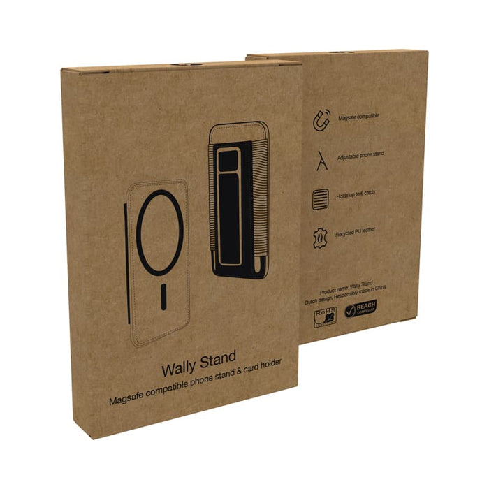 Wally Stand - A phone stand and card holder packaged in a brown cardboard box, featuring a logo and product details.