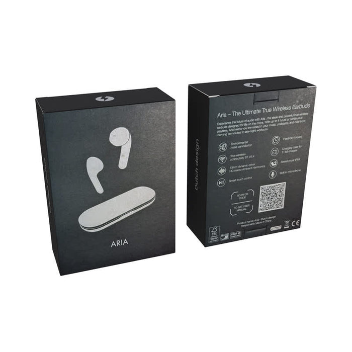 Aria True Wireless Earbuds - White wireless earbuds in a black box, featuring a logo and product information on the back.