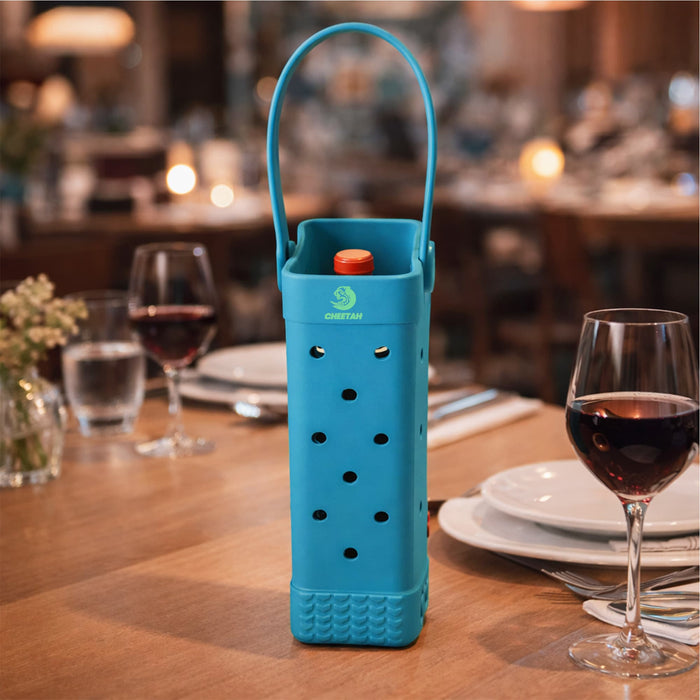 EVA Holes Wine Bottle Bag - A drink bottle bag in bright blue, featuring a handle and holes, displayed on a dining table with wine glasses.