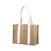 Custom Handle Jute Tote Bag - A jute tote bag in natural brown with cream handles and a metal snap closure. It features a branding logo.