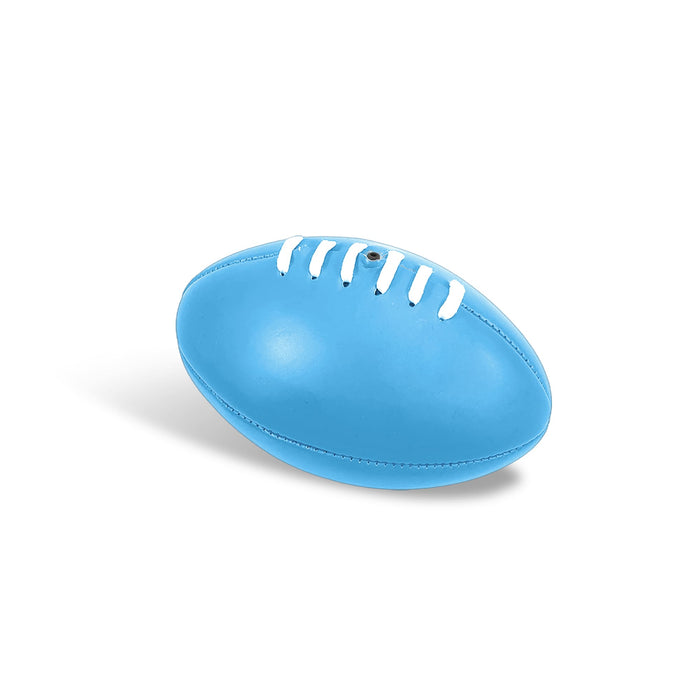 Mini Promotional Aussie Rules Ball - A mini promotional Aussie Rules ball in bright blue, featuring white stitching and a logo.