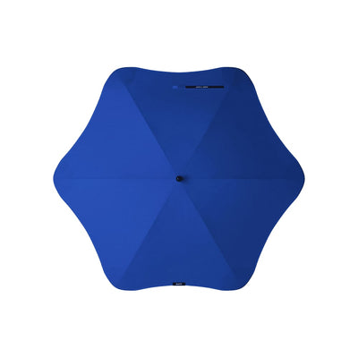 BLUNT Classic Umbrella - A blue umbrella with a unique star-shaped design and a centre button, featuring a logo on the handle.