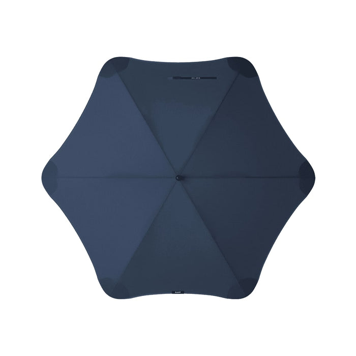 BLUNT Exec Umbrella - A dark navy umbrella with a sleek design and central button, featuring a branding logo.