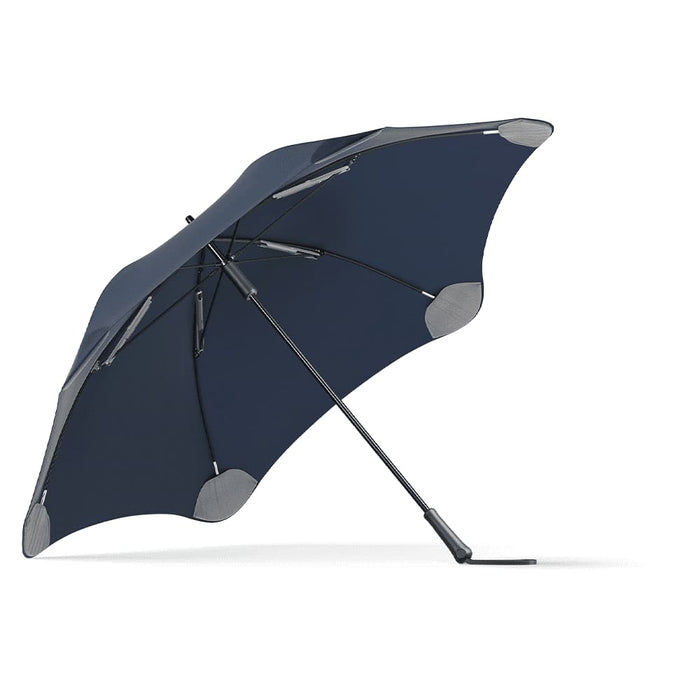 BLUNT Exec Umbrella - A navy blue umbrella with a unique shape and a sturdy pole, featuring a logo on the surface.