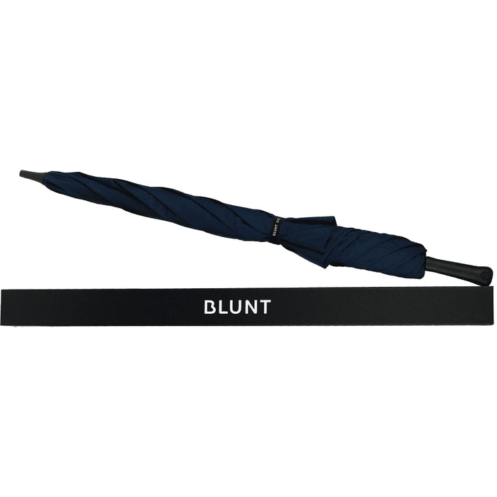 BLUNT Exec Umbrella - A navy umbrella with a twisted design, accompanied by a protective sleeve, featuring a logo.