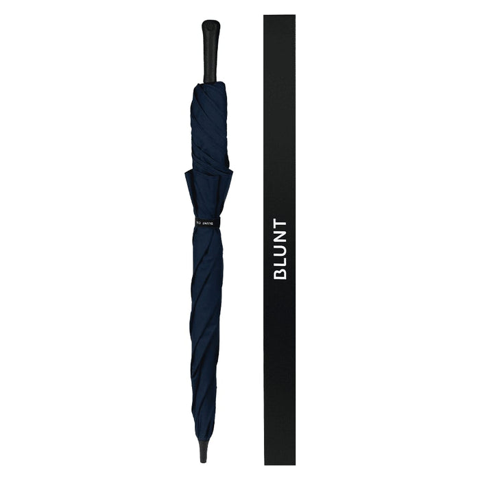 BLUNT Exec Umbrella - A navy umbrella with a sleek design, featuring a handle and branding on the side.