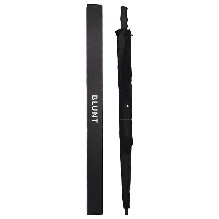 BLUNT Sport Umbrella - A black sport umbrella and its storage box, featuring a logo and a sleek design.