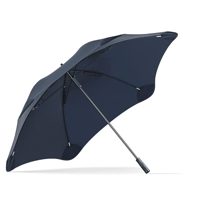 BLUNT Sport Umbrella - A navy blue BLUNT Sport Umbrella with a curved design and a sleek handle, featuring a branding logo.