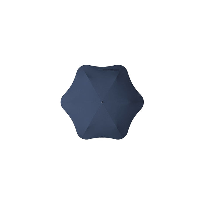 BLUNT Neo Umbrella - A navy blue umbrella with a unique star-shaped design, featuring a central opening and a logo.