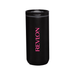 The Siena 450ml Vacuum Tumbler - A drink bottle featuring a sleek black design with a pink logo. It has a vacuum-insulated structure.