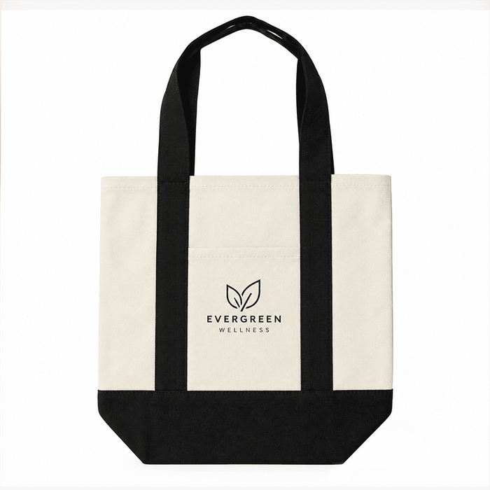 Mini Canvas Tote - A mini canvas tote in cream and black with handles and a logo on the front.