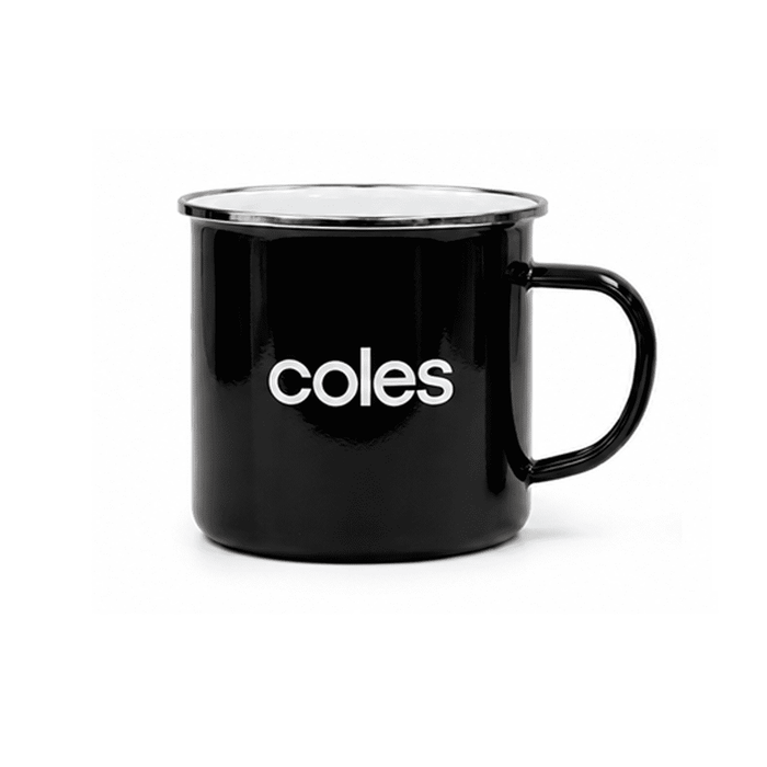 The Murray 500ml Mug - A black enamel mug with a silver rim and a branded logo. Simple, sturdy design with a handle.