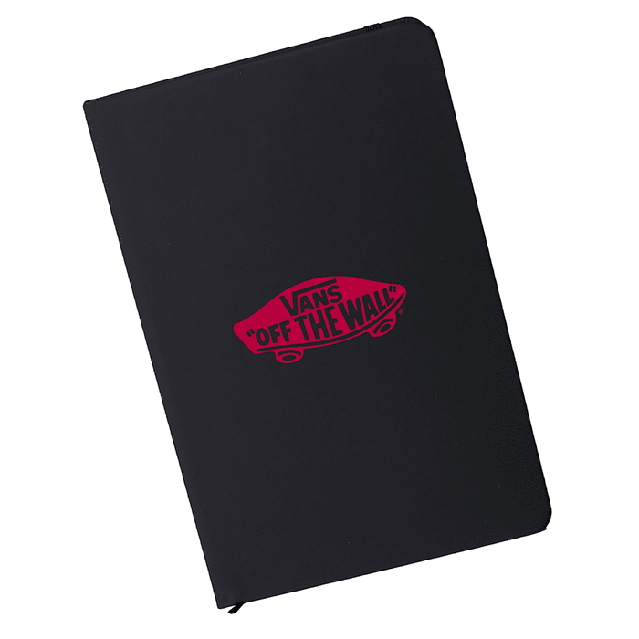 Space A5 Notebook - A black A5 notebook featuring a vibrant pink logo on the cover. It has a sleek, minimalist design.
