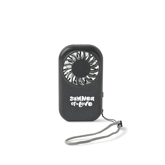 Mini Pocket Fan - A black mini pocket fan with a circular grille and a wrist strap. It features a logo on the front.