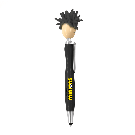 Mop Head Pen with Stylus - A pen featuring a black stylus end and a character head with spiky hair. It has a branding logo.