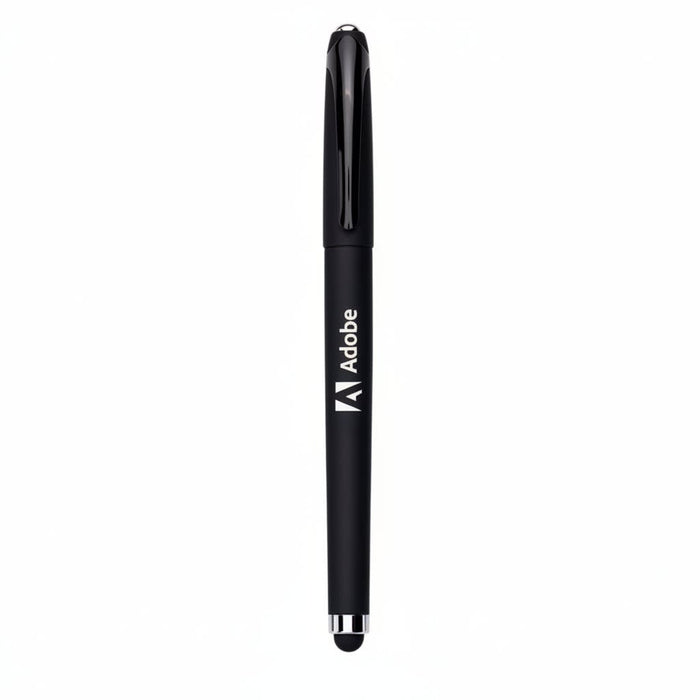 Fidget Gel Pen - A black gel pen with a sleek design and a clip, featuring a logo.