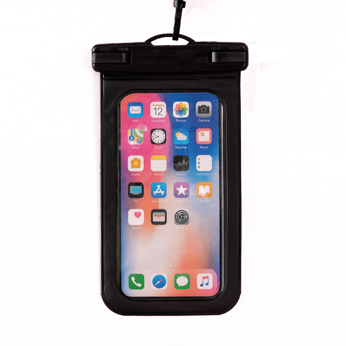 Waterproof Phone Pouch - A waterproof phone pouch in black, designed to protect a smartphone, with a clear front for visibility.